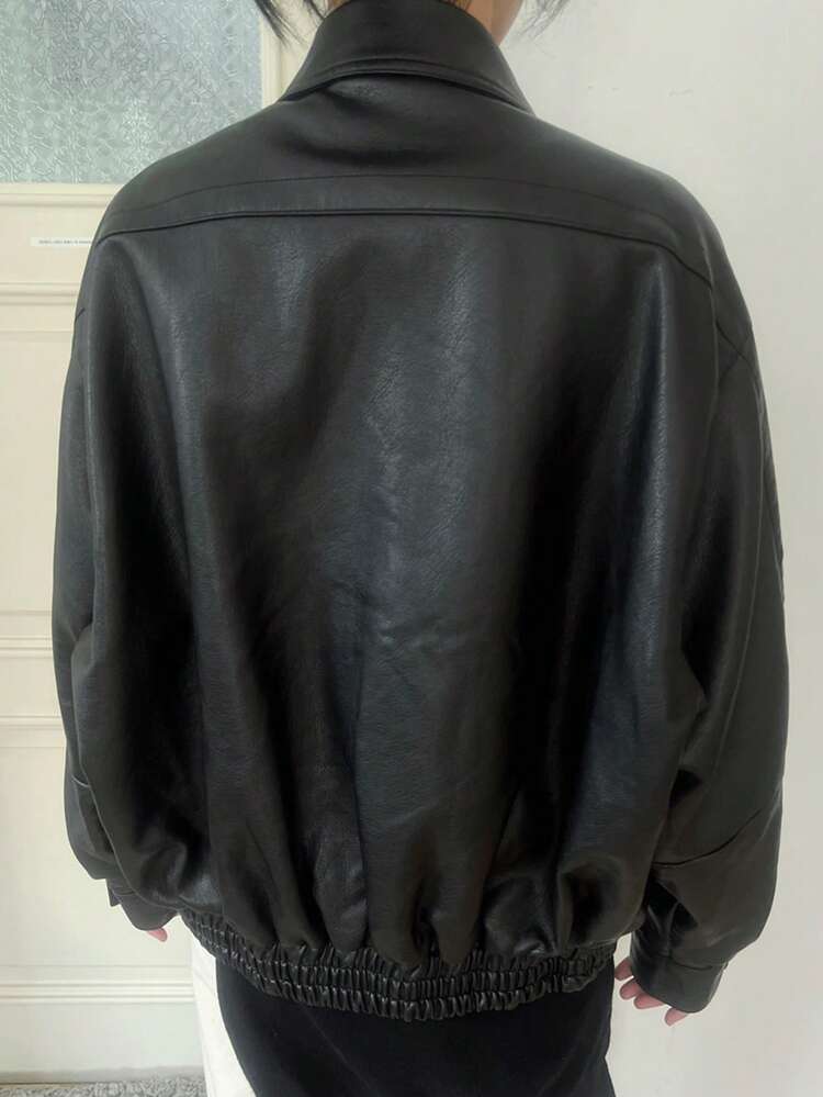 Zip Up Drop Shoulder PU Leather Coat