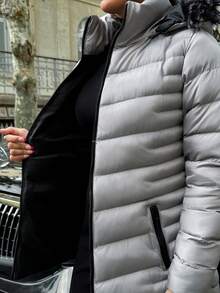 EURMUSE Women Solid Color Zipper Front Pocket Detailed Flurry Hooded Winter Coat - Grey - View 8