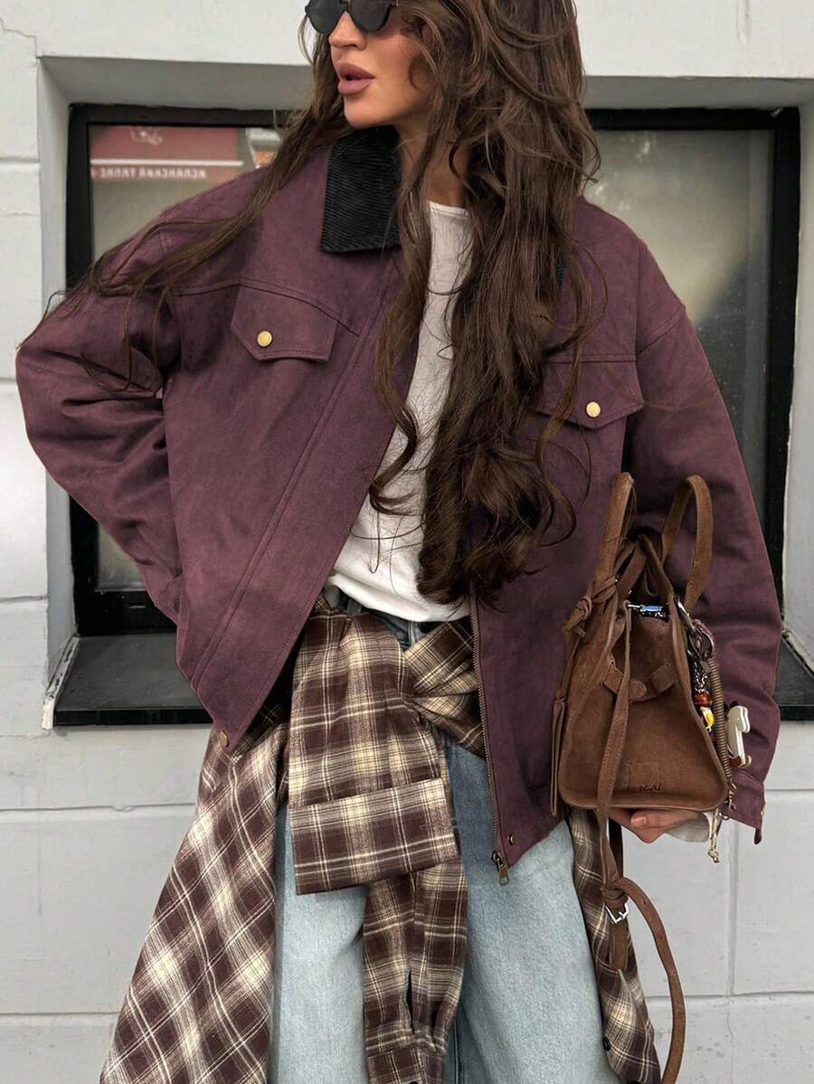 INAWLY 女式拼色休闲宽松口袋夹克，2025 年秋冬新品系列 - 酒紅色 - 查看 1