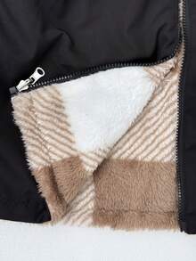 1 件女童格子双面羊毛夹克，腰部抽绳，休闲百搭，适合秋冬外出、购物、通勤、度假 - 咖啡棕 - 查看 6