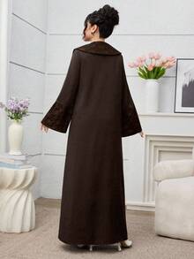 Yasmyna Elegant Black Jacquard Splice Solid Color Robe Abayas - Brown - View 3
