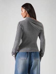 LYSMO 2025 Winter Women's Oblique Shoulder Ruched Long Sleeve Fitted Sweater,Autumn Chic Date Grey Cowl Neck Minimalism Solid Color Fashionable Tops - Grey - View 2