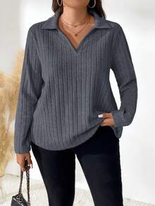 EMERY ROSE Plus Size Solid Color Casual Long Sleeve T-Shirt, Suitable For Spring And Autumn Fall Cloth For Women - Dark Grey - View 4