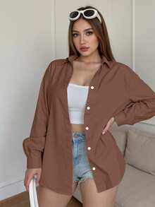 INAWLY Plus Size Women's Solid Color Long Sleeve Single-Breasted Casual/Work Shirt Fall - Coffee Brown - View 6