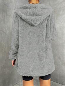 SHEIN Unity Casual Solid Color Fluffy Hooded Jacket, Autumn/Winter - Grey - View 2