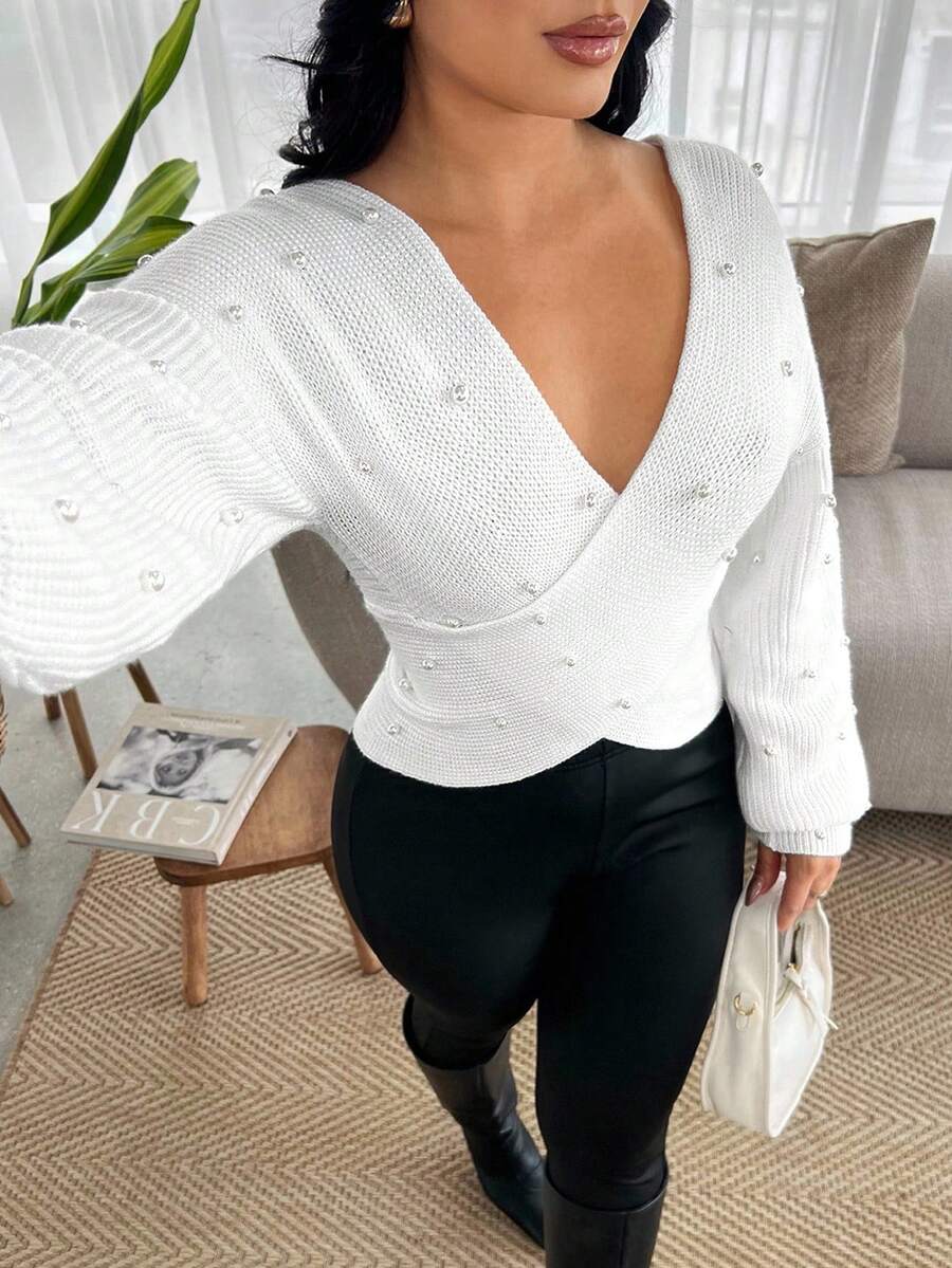 SHEIN SXY Autumn/Winter Studded Crossover Long Sleeve Off-Shoulder Sweater,New Year,Thanksgiving,White ,,Pearl - White - View 1