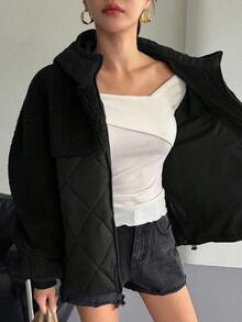 DAZY 女式拼布千鸟格短款羊毛夹棉大衣，秋冬夹克 - 黑色 - 查看 5