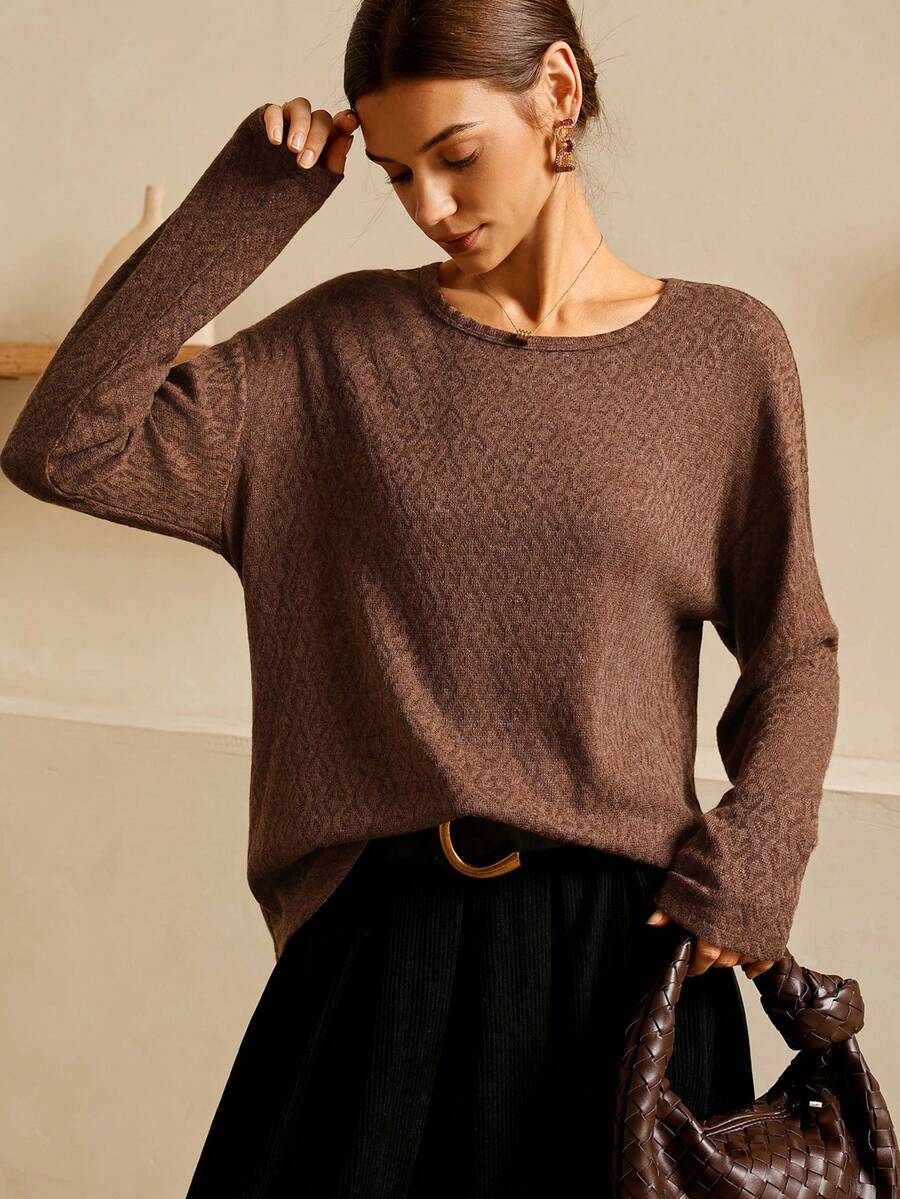 Áo thun dài tay dệt kim jacquard họa tiết màu nâu mới của Lymera dành cho nữ, màu cà phê, mùa hè, thu/đông, dự tiệc, đi chơi, năm mới, giáng sinh, lễ tạ ơn, công sở, đi làm, đi chơi