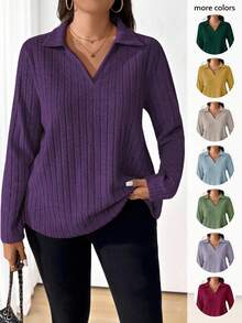 SHEIN LUNE Áo thun tay dài cổ bẻ màu trơn dáng rộng thoải mái cho nữ cỡ lớn - Màu tím - Xem 1