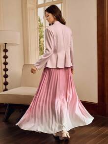 SHEIN Clasi Women's Solid Color Stand Collar Long Sleeve Single-Breasted Ruffle Hem Jacket And Ombre Pleated Midi Skirt Elegant 2 Pieces Set - Pink - View 2
