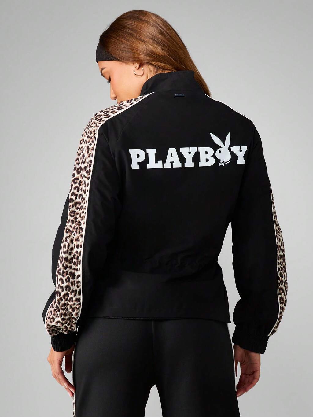 Missguided x Playboy レオパード柄コントラストジップアップトラックジャケット サイドストライプパネル付き
