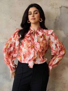 Flirla Áo cánh xếp ly voan in họa tiết thanh lịch cỡ lớn dành cho nữ, mùa xuân/thu - Nhiều màu - Xem 4