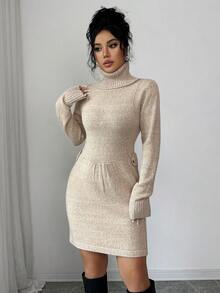 SHEIN Elenzya Women's Solid Color Elegant Office Style High Neck Waist Twist Button Decor Sweater Dress - Camel - View 3
