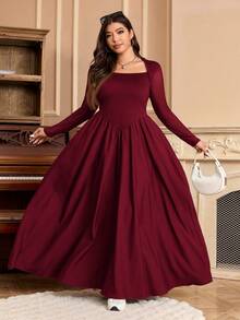 SHEIN EZwear 大码纯色复古网眼喇叭裙 - 酒紅色 - 查看 4