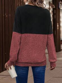 SHEIN LUNE 女式基本款休闲撞色V领长袖运动衫 - 彩色 - 查看 2
