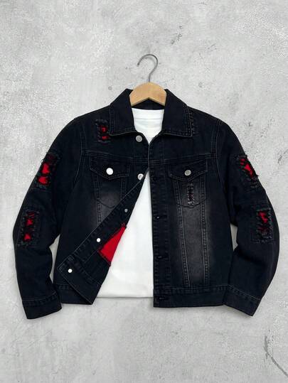 SHEIN 青少年男孩 Bolty 时尚休闲 Y2k 复古酷炫街头基础款破洞磨边简约黑色牛仔外套，饰有红色拼接圣诞元素，宽松长袖牛仔夹克，适合日常穿着、秋冬季节、锐舞派对和街头潮流。