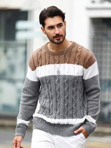 Manfinity Homme Plus Size Men's Colorblock Cable Knit Crew Neck Casual Pullover Sweater, Long Sleeve Top - Multicolor - View 3