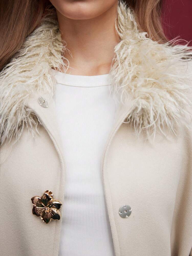 SHEIN Maija Christmas Party Season Fuzzy Patchwork Women Overcoat, Suitable For Autumn/Winter, Women's Floral Metal Buckle Overcoat, Christmas, New Year Women, Party, Elegant