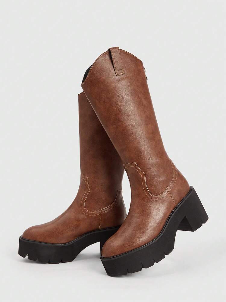 Women's Fashion Black Thick Sole Motorcycle Mid-Calf Boots, Street Style