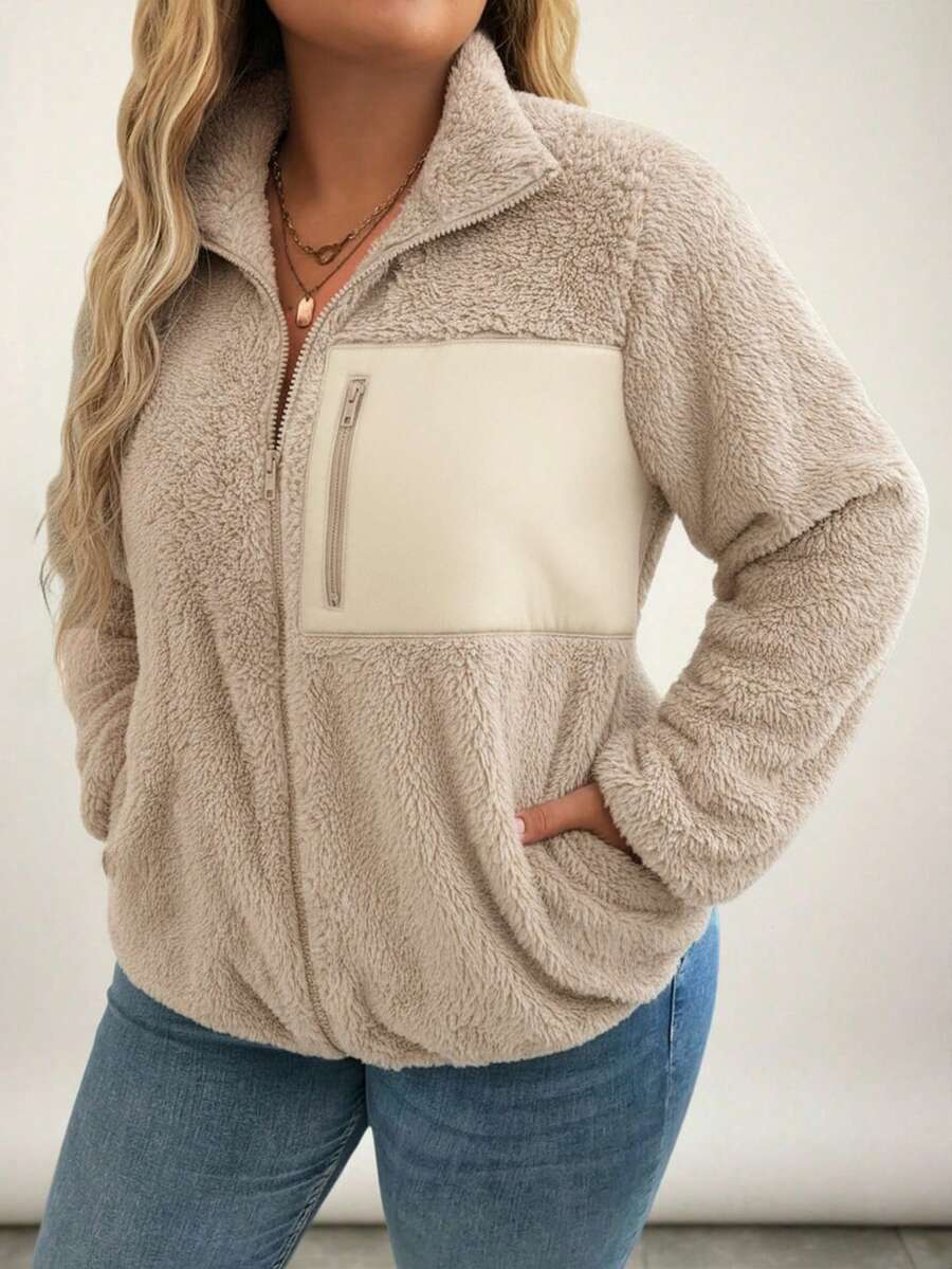 SHEIN LUNE 冬季加大码休闲双面羊毛拼布夹克 - 卡其色 - 查看 1