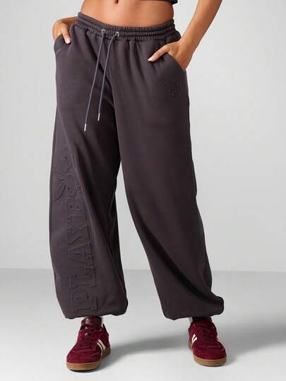 Missguided x Playboy Embossed Drawstring Wide Leg Joggers For Casual Lounge Comfort Style
