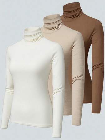 Almamuse Tricouri cu mânecă lungă și guler înalt în culori solide, mărimi mari, casual și minimaliste