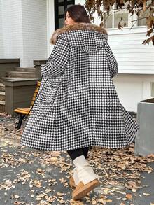 SHEIN EZwear Veste épaisse à capuche pour femme grande taille, motif pied-de-poule, à la mode, hiver - Noir et Blanc - Voir 2