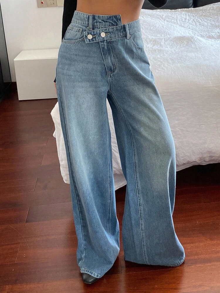 Women's Asymmetrical Waistband Design Washed Straight-Leg Casual Jeans