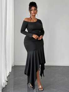 Viva Relle 时尚不对称下摆不对称肩部长袖开衩连衣裙，大码 - 黑色 - 查看 6