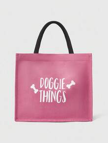 ROMWE Kawaii "DOGGIE THINGS"Letter, Rose Red Bone Pattern Printed Handbag Set, A Gift For Dogs And Pet Lovers, Handbag With Makeup Bag And Mini Coin Wallet, Dog's Favorite Bone Pattern Design, This Is A Great Gift, Suitable For Mothers, Teachers, Best Teacher Gift - Hot Pink - View 1