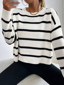 Isle Nomé Women's Striped Crew Neck Long Sleeve Pullover Sweater, Versatile For Autumn/Winter - Black and White - View 3