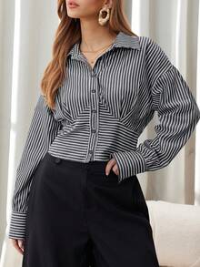 SHEIN Unity 条纹腰部收紧长袖女式长衬衫 - 灰色 - 查看 4
