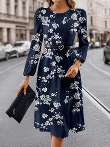 SHEIN Clasi Đầm ôm cổ tròn tay dài họa tiết hoa màu xanh navy dành cho nữ, phù hợp cho mùa thu/đông - Nhiều màu - Xem 3
