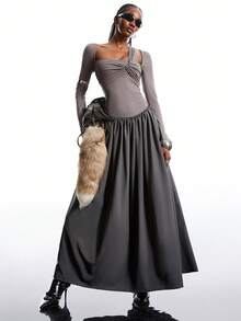 LYSMO 2025 New Arrive Minimalism Winter Women's Fashion Commuter Color Block Patchwork Long Dress - Grey - View 4