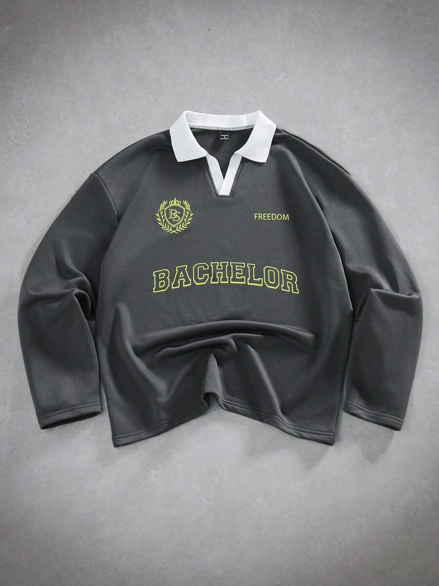 Aesthetic Post--Men's Long Sleeve Polo Shirt, Casual Sports College Style Letter & Graphic Print, Versatile Daily Wear Men Polo Shirt Graphic Print Top Rugby Shirt Baggy Jersey Long Sleeve Shirt Men - Multicolor - View 1