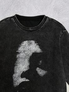 SHEIN 2Pcs Tween Boy Fashion Casual Y2k Vintage Cool Street Returns To School College Basic Simple And Comfortable Knitted Denim Street Portrait Pattern Design Black Knitted Denim Round-Neck Long-Sleeved Top And Pair Of Comfortable And Loose Rubber-Waisted Jeans For Kids Clothes Tween Boy Soft Dailywear And Kids Winter And Fall Rave Outfits Festival And Outfits Streetwear Clothes