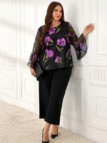 EMERY ROSE Ensemble 2 pièces grande taille élégant, chemise à manches évasées et imprimé floral, et pantalon pour le travail - Multicolore - Voir 6