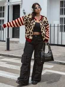 SHEIN EZwear 大码女式豹纹条纹拼布前扣开衫，秋冬休闲装 - 彩色 - 查看 5