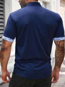 Manfinity Homme Plus Size Men's Summer Casual Contrast Trim Front Button Short Sleeve Shirt - Navy Blue - View 2