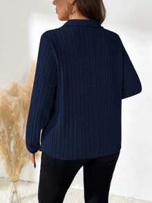 EMERY ROSE Plus Size Solid Color Rib Knit Casual Versatile Long Sleeve T-Shirt Fall Cloth For Women - Navy Blue - View 2