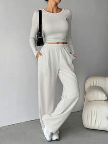 SHEIN Tall Damen Rundhals Rippstrick Langarm Set mit Tiermotiv, perfekt für einen bequemen Alltags-Zweiteiler Langarm Zweiteiler