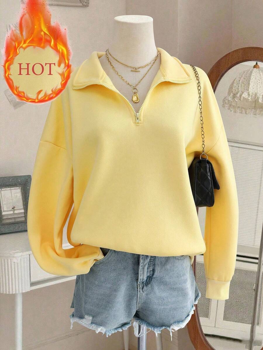INAWLY Áo khoác nỉ dáng rộng, vai rớt, khóa kéo dành cho nữ cỡ lớn, ấm áp cho mùa thu/đông. - Màu vàng - Xem 1