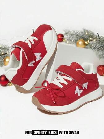 JNSQ 1 Pair Girls' Style Color Block PU Leather Bow Embroidered Fashion Casual Classic Sneakers, Suitable For All Seasons, Christmas