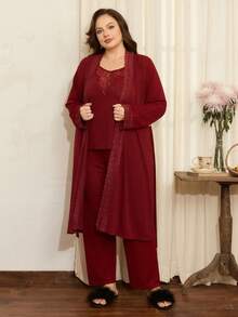Côtesoire 3pcs Set: Plus Size Lace Patchwork Ribbed Camisole Top And Pants And Robe Plus Size Night Wear Plus Size Sleepwear Set Fall Winter Clothes - Burgundy - View 3
