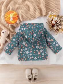 SHEIN Vintaside Kids 復古牛仔女孩可愛碎花連帽夾克 嬰兒女寶寶拉鍊開合保暖內裡休閒時尚冬季外套 新生女嬰 - 綠色 - 查看 2