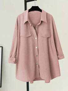 EMERY ROSE Plus Size Corduroy Casual Jacket, Versatile Shirt - Pink - View 1