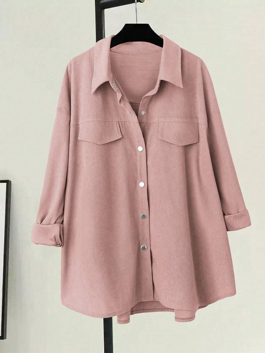 EMERY ROSE Plus Size Corduroy Casual Jacket, Versatile Shirt - Pink - View 1