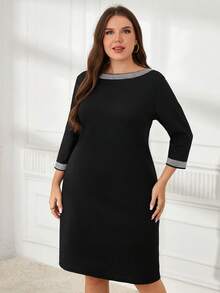 Miaspire Plus Size Elegant Black Dress For Women,Autumn Formal Dinner Evening Party Mid-Length Dress With Rhinestone,Casual Work Modest Outfits,Flowy Clothes - Black - View 3