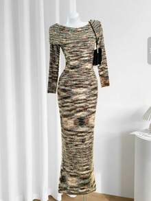 Franclia Women's Dark Green Elegant Autumn Brunch Long Sleeve Knitted Sweater Dress,Large Lapel One-Shoulder Sunset Blended Yarn Slim Party Wedding Guest Dress - Multicolor - View 3