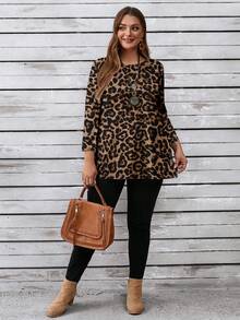 EMERY ROSE Plus Size Women Casual Leopard Print Loose Fit Round Neck T-Shirt, Spring/Autumn - Multicolor - View 4